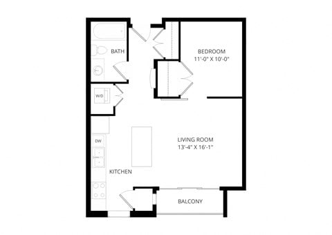 Floor plan for studio, 1 bath, 563 sqft